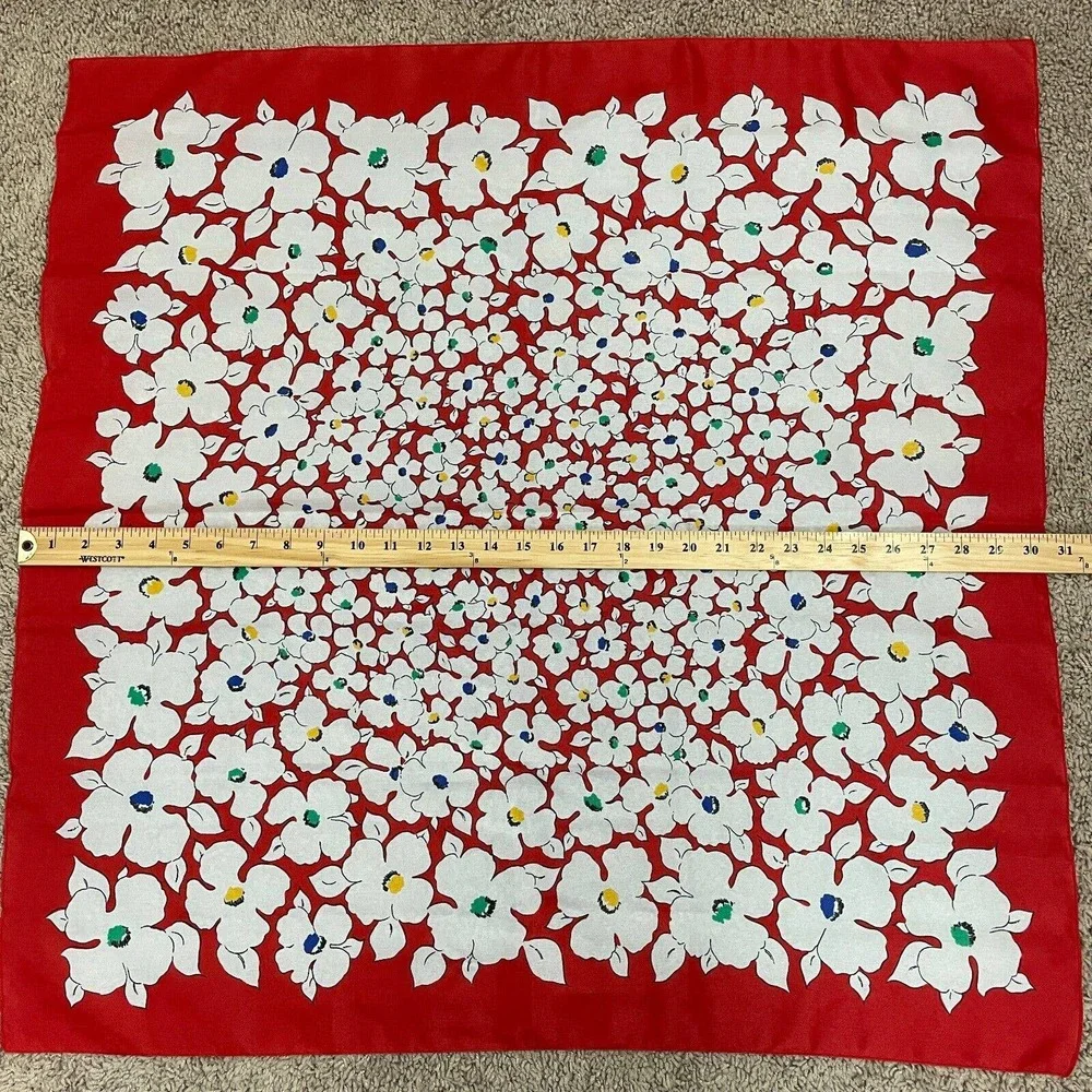 Vintage Square Scarf Red White Floral Print Large 30" Hair Scarf Kerchief Neck - Picture 5 of 5